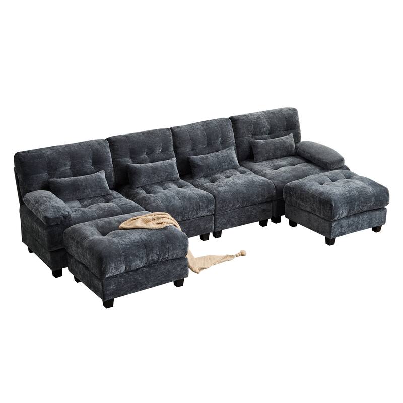 GDFStudio - 4-Seater Adjustable Backrest 119" Chenille Sofa with 2 Ottomans and 4 Throw Pillows