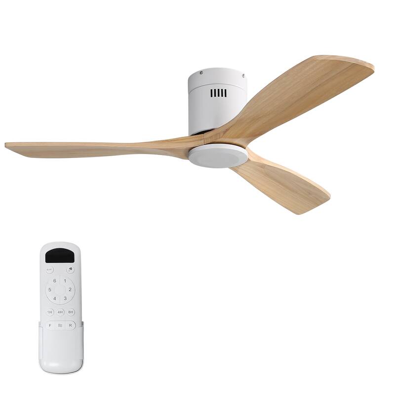 Sofucor 52 Inch Solid Wood Flush Mount Indoor Ceiling Fan without Light,Remote Control,Smart Optional - Remote Control - White and Natural wood Blades