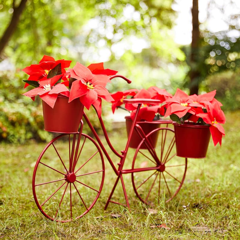 Glitzhome 29"L Spring Oversized Metal Bicycle Planter Stands Garden Flower Pot Cart