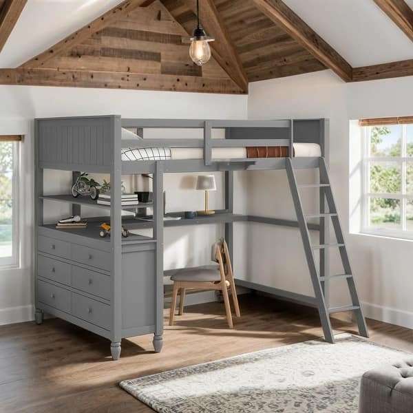 slide 2 of 19, Stylish & Simple Full size Loft Bed with Drawers and Built-in Desk, Wooden Loft Bed with Shelves, Health and Comfort, Grey Grey