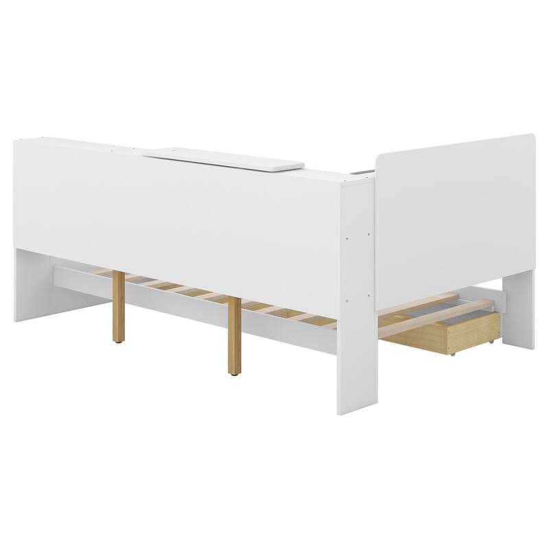 Wood Twin Size platform bed with Storage Headboard, Shelves and 2 Drawers