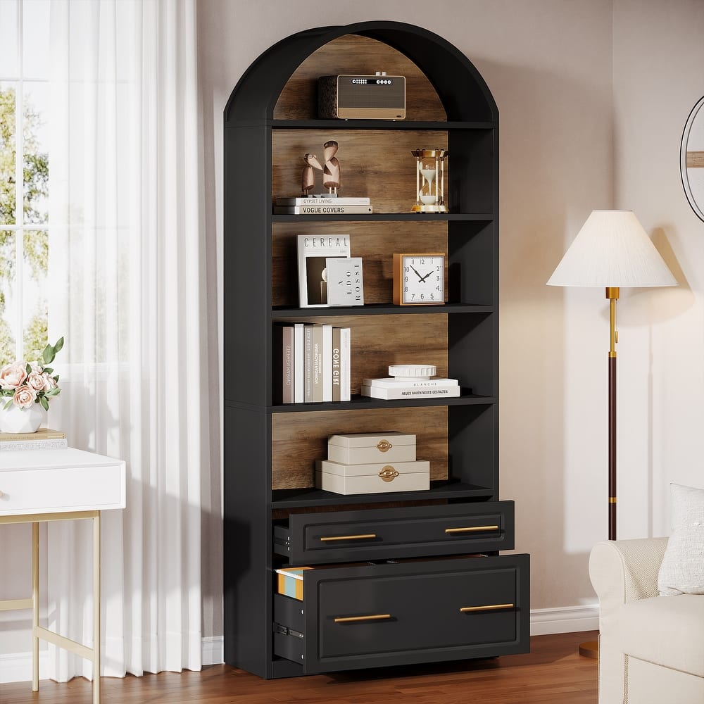 5-Tier White Arched Bookshelf with File Cabinet Drawer, 76.8" Tall Freestanding Wooden Bookcase