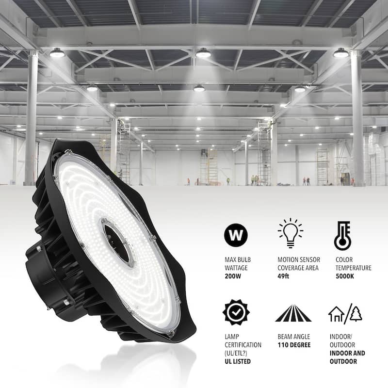 12 in. 200-Watt Integrated LED Motion Sensor High Bay Indoor/Outdoor UFO Light with 26000 Lumens 5000K, Black by JONATHAN Y