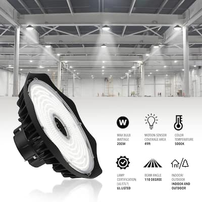 12 in. 200-Watt Integrated LED Motion Sensor High Bay Indoor/Outdoor UFO Light with 26000 Lumens 5000K, Black by JONATHAN Y