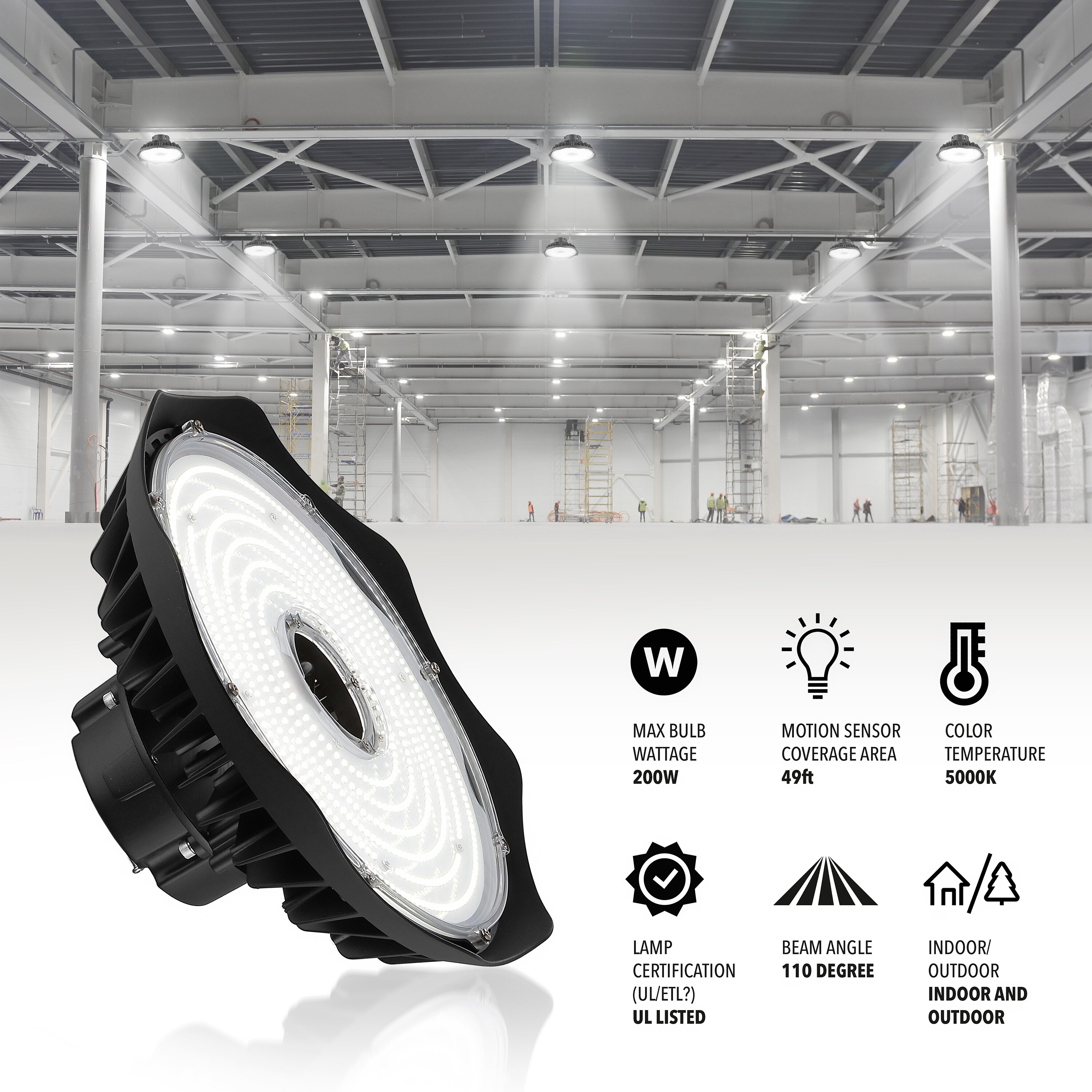 JONATHAN Y 12 in. 200-Watt Integrated LED Motion Sensor High Bay Indoor/Outdoor UFO Light with 26000 Lumens 5000K, Black - 12.00