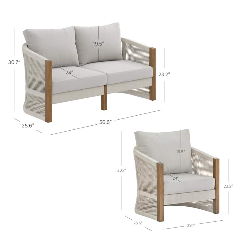 Jagger Farmhouse Patio Seating with Solid Acacia Wood Frame, Cushions, and Rope Accent
