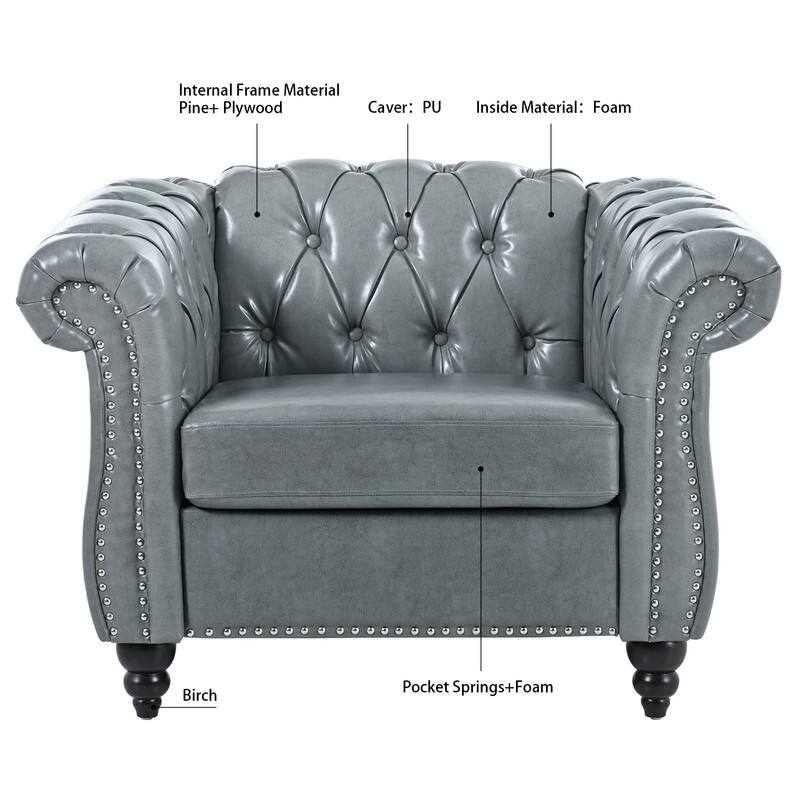 PU Leather Accent Chair,Classic Tufted Chesterfield Sofa For Living Room,Grey