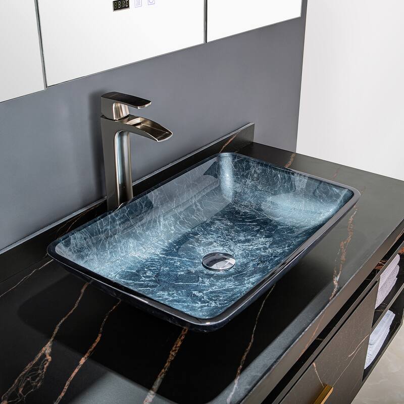 Vinnova Glass Rectangular Vessel Bathroom Sink without Faucet