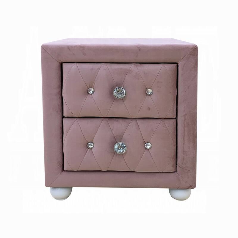 Pink Fabric Upholstered Nightstand with Crystal Knobs