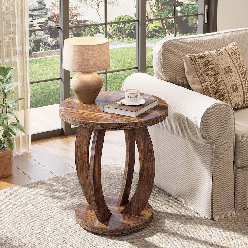 Round Side Table with Storage, Farmhouse End Table for Living Room Small Space