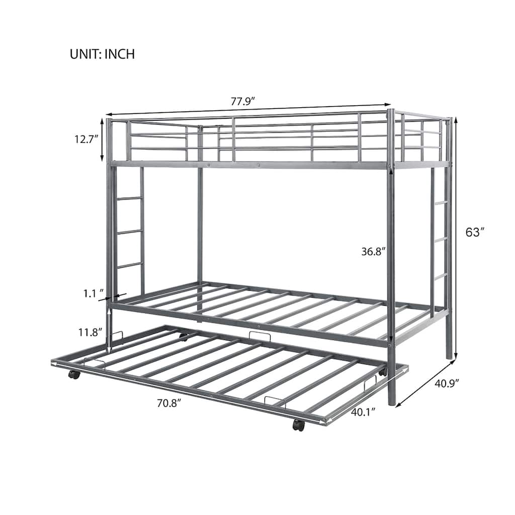Twin over Twin Metal Bunk Bed with 1 Trundle & 2 Ladders & Guardrails, Silver