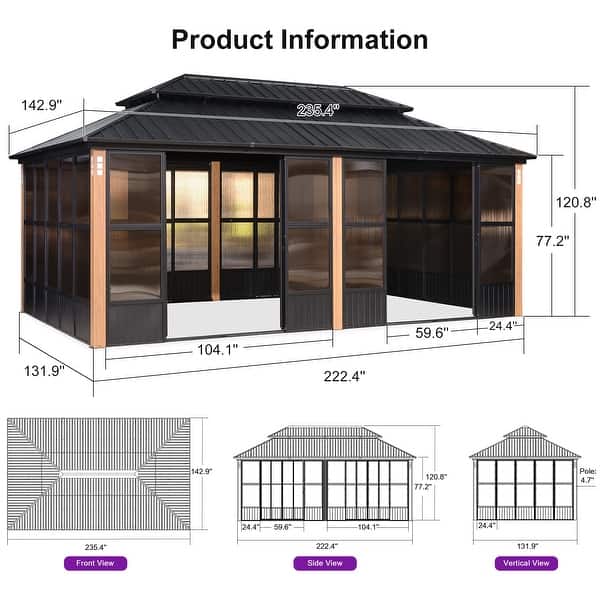 dimension image slide 1 of 9, PURPLE LEAF Double Top Outdoor Sunroom Screen House Patio Hardtop Gazebo