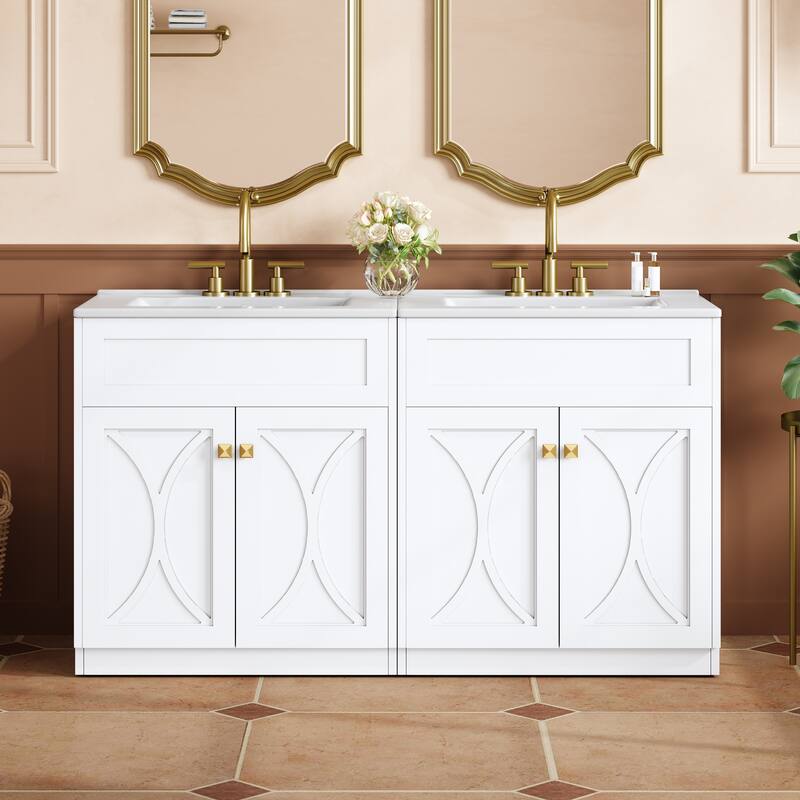 60"Bathroom Vanity with Ceramic Sink Combo, Modern Freestanding Storage Cabinet with Gold Handles, Soft Closing Doors