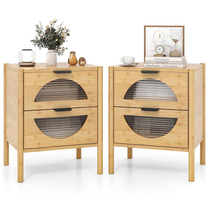 Costway 1/2 PCS Bamboo Nightstand with 2 Storage Drawers & Reeded - 4-drawer