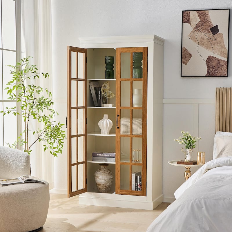 Farmhouse Glass Curio Cabinet - 71" Tall with Adjustable Shelves