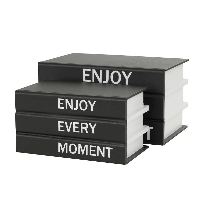 White or Black Canvas Faux Storage Book Box with Gold or White Enjoy, Every, Moment Text (Set of 2)