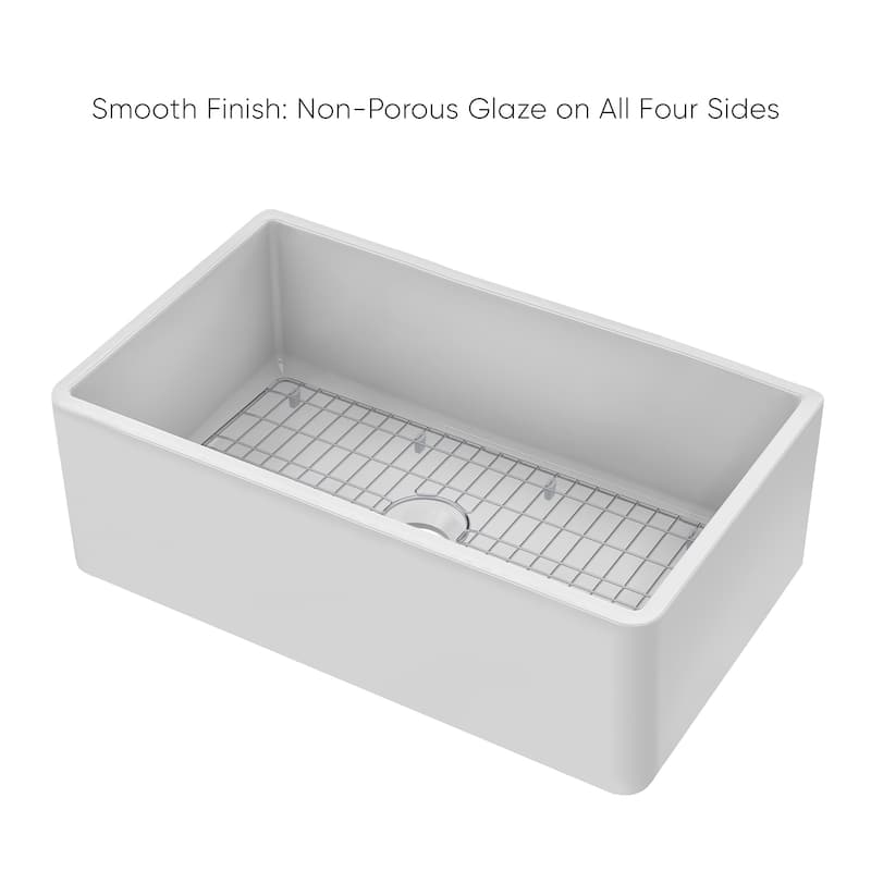 Reversible Fireclay Kitchen Sinks With Grid Three Edge Frame, Plain Front Apron