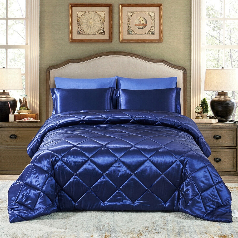 Pic Silky Satin Comforter Set Soft Luxury Quilted Twin Navy