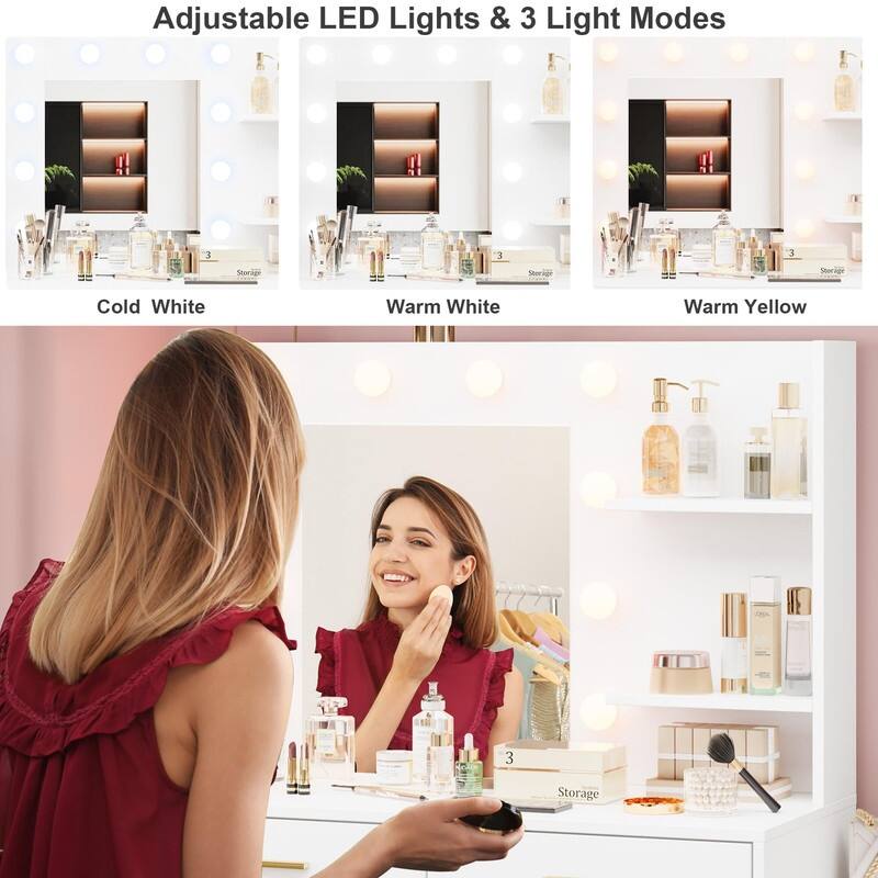 61" Makeup Vanity Desk with Mirror and Lights, 8 Drawers, 2 Shelves