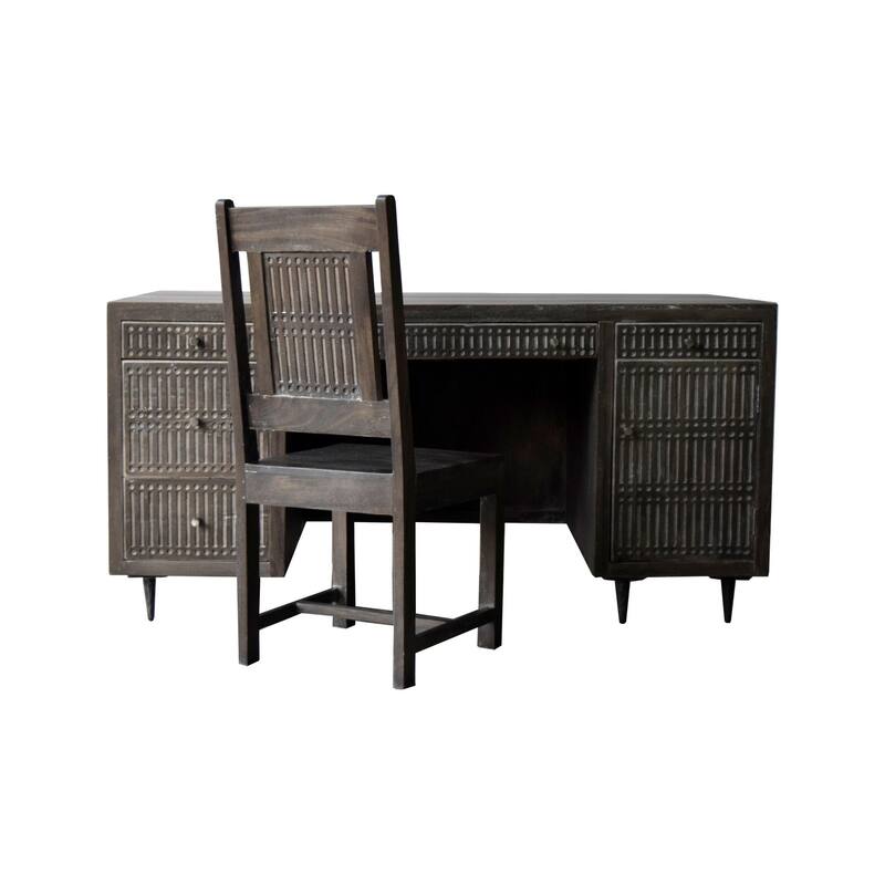 HomeRoots 64" Brown and Silver Solid Wood Executive Desk With Five Drawers