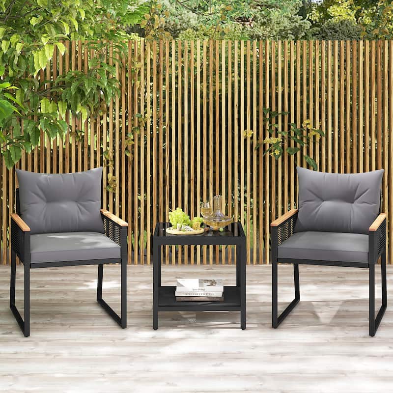 Gymax 3 PCS Patio Furniture Set PE Rattan Wicker Chairs w/ 2 Tier