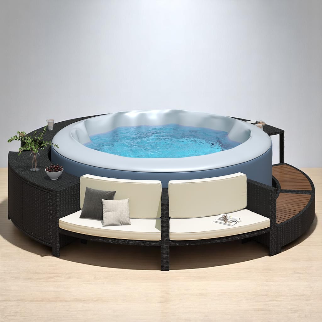 4-Piece Outdoor Patio Spa Surround Furniture Set with Cushioned and Wooden Seating, Mini Sofa, Storage Cabinet