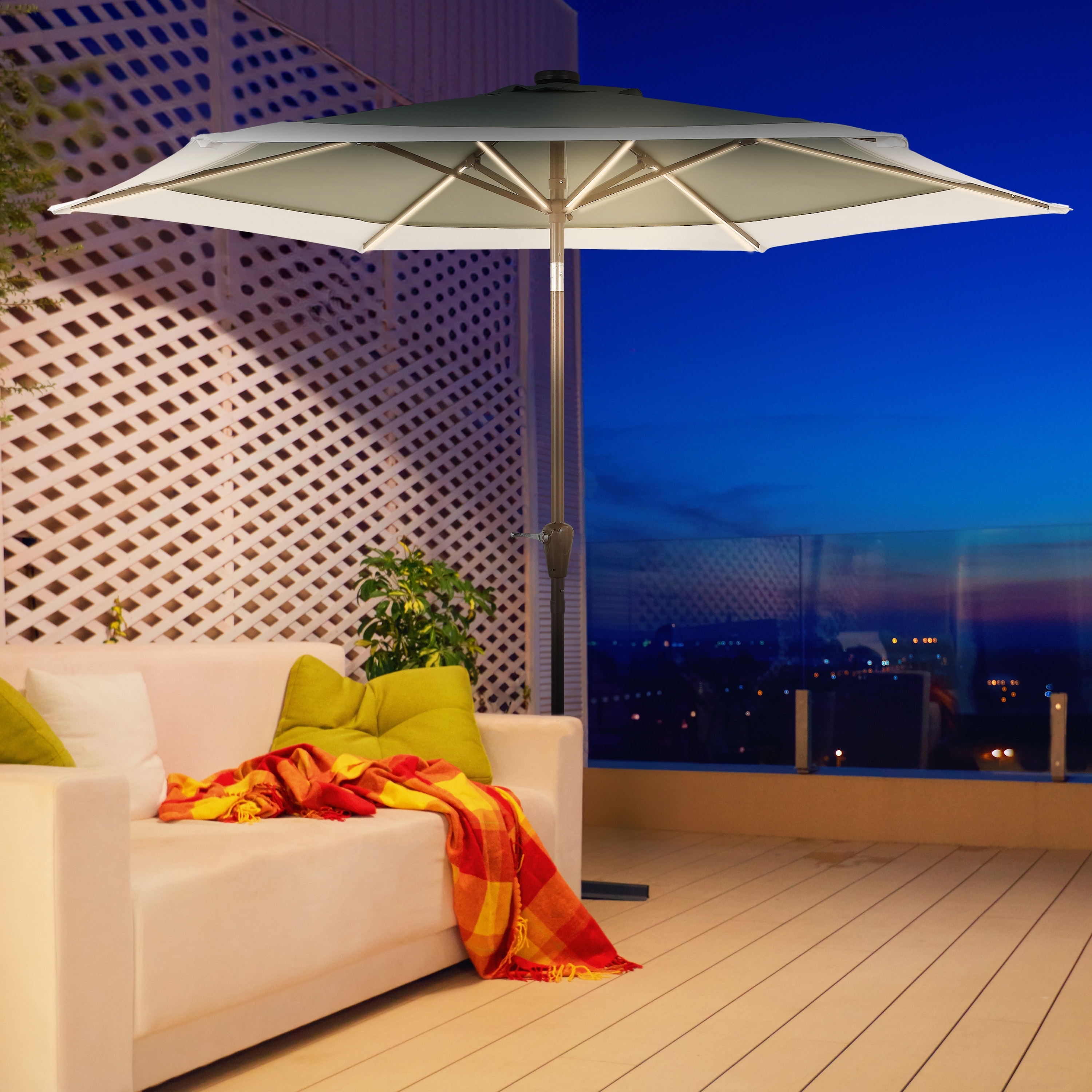 fade resistant patio umbrella with lights GREEN PARTY 15 ft Large Outdoor Solar Led & Base where modern design meets superior durability Spencer Coastal Hexagon Solar Powered
