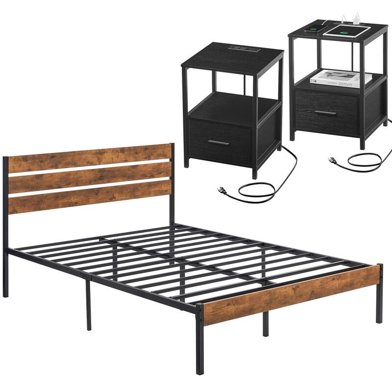 Javlergo 3-pieces Bedroom Set Queen Size Bed and 2 Nightstands with Charging Station USB Port - Brown Bed-Black Nightstands - Queen