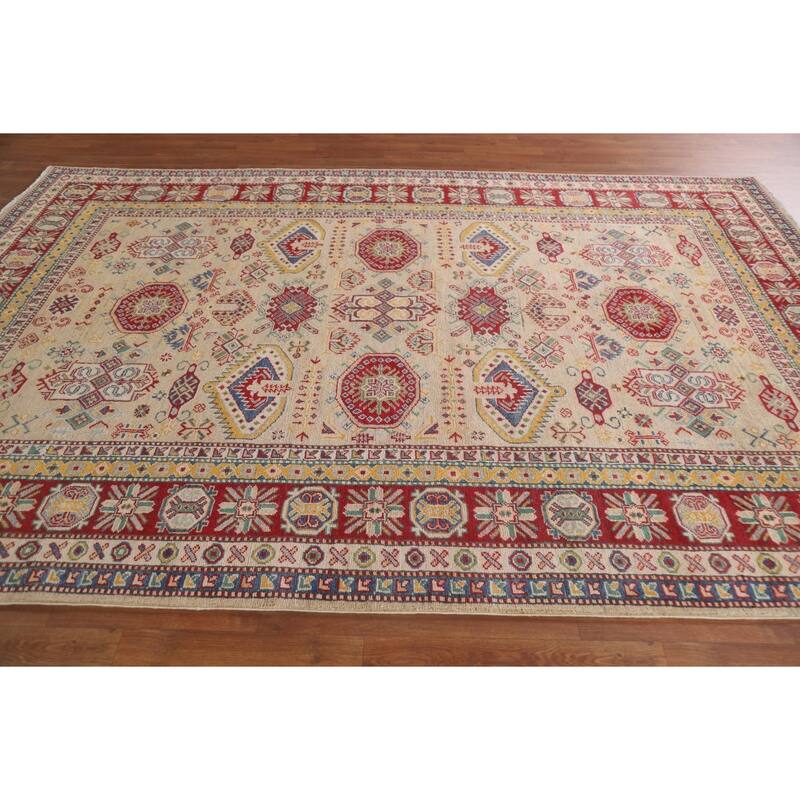 Hand Knotted Oriental 100% Wool Carpet Traditional Tribal Beige & Ivories Kazak Area Rug - 9' 6'' X 6' 9''