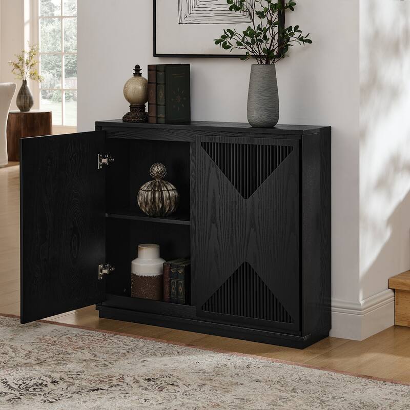 V-Shaped Fluted Storage Cabinet, Multi-Functional Narrow Side Cabinet, Wood Buffet Cabinet with 2 Doors & 2 Outlet Holes