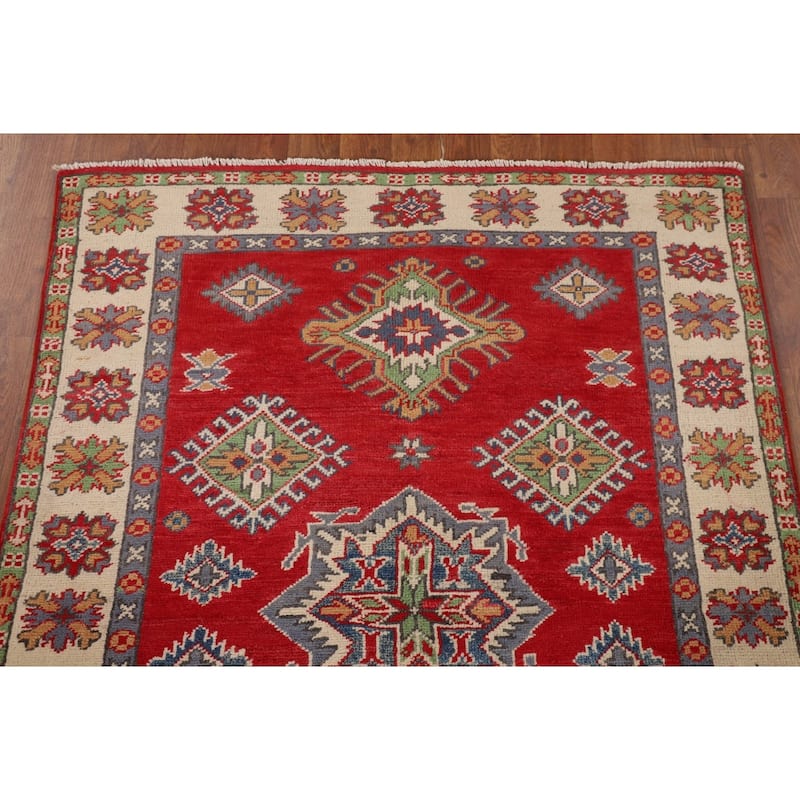 Red Kazak Oriental Accent Rug Hand-Knotted Wool Carpet - 3'5" x 4'11"