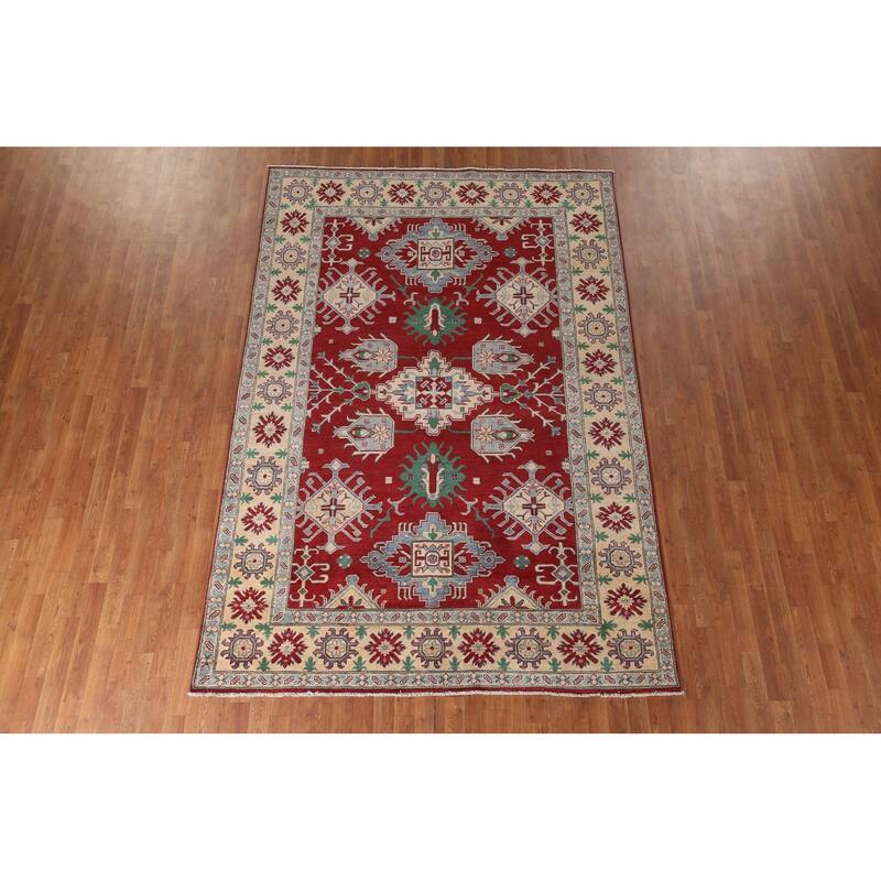 Kazak Area Rug Handmade Geometric Red Wool Carpet - 6'6" x 9'11"