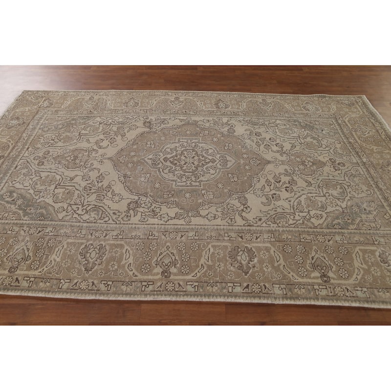 Distressed Tabriz Persian Vintage Rug Hand-Knotted Wool Carpet - 6'4"x 9'4"
