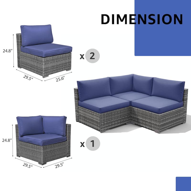 Outdoor 3 pcs Wicker Sectional Corner Sofa and Armless Sofa