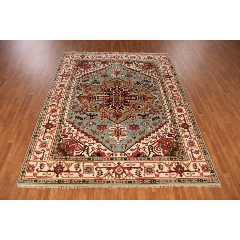Light Blue Medallion Heriz Serapi Indian Rug Hand-Knotted Wool Carpet - 7'11" x 9'10"