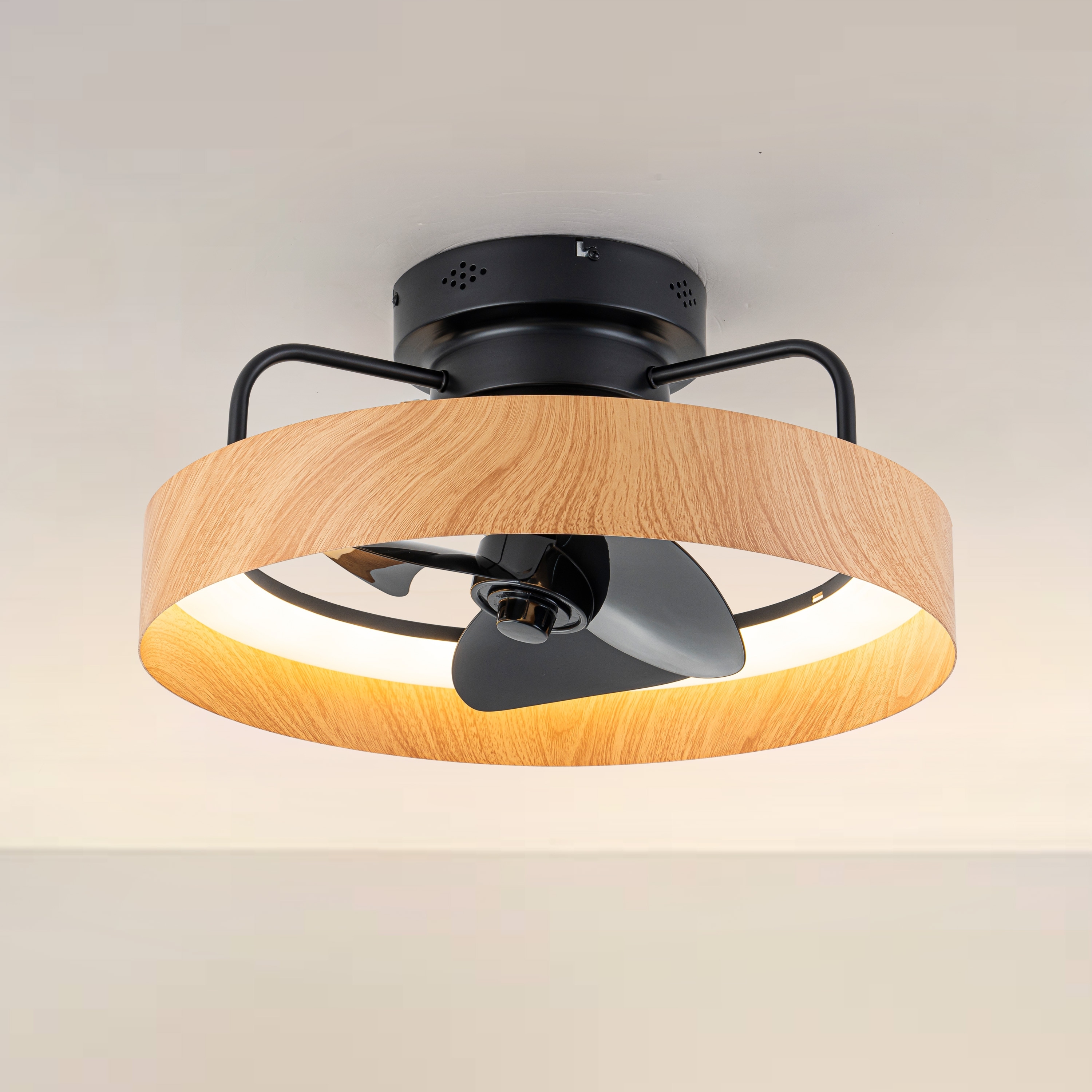 C Cattleya 22" Black and Woodgrain Farmhouse Dimmable LED Round Ceiling Fan with Remote Control