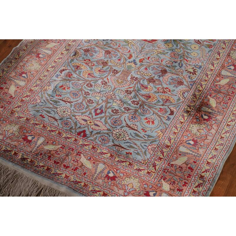 Hand Knotted Oriental Silk Carpet Traditional Floral Navy Blue & Blues Hereke Area Rug - 4' 10'' X 3' 3''