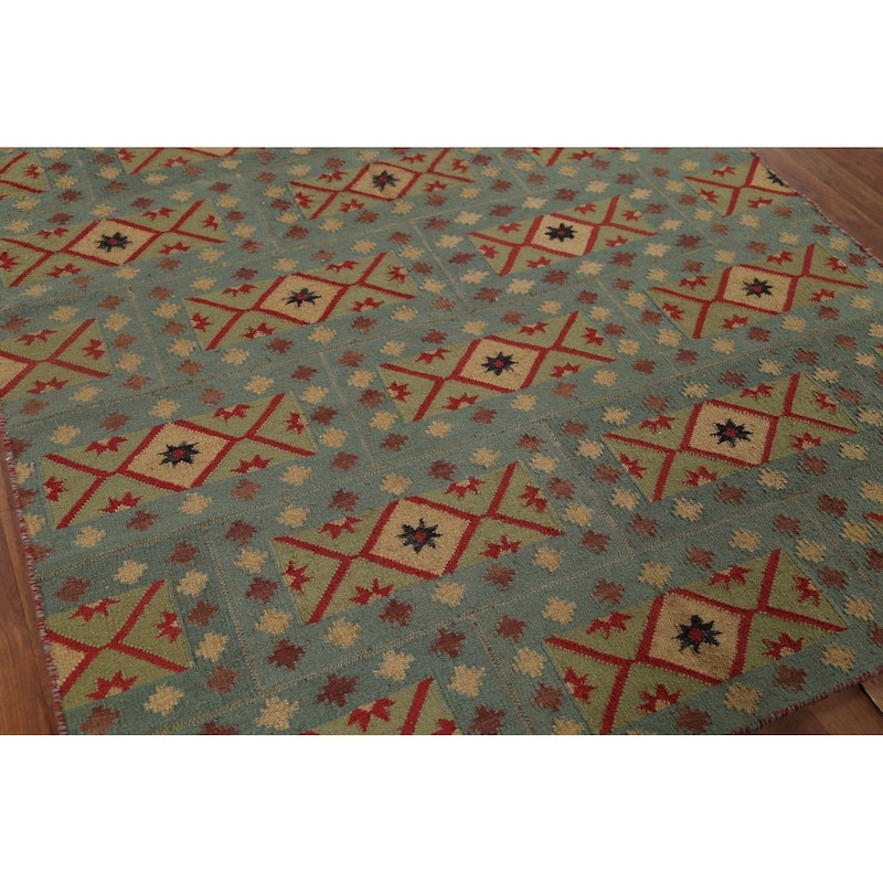 Geometric Kilim Oriental Area Rug Flatweave Green Wool Carpet - 5'7"x 9'0"