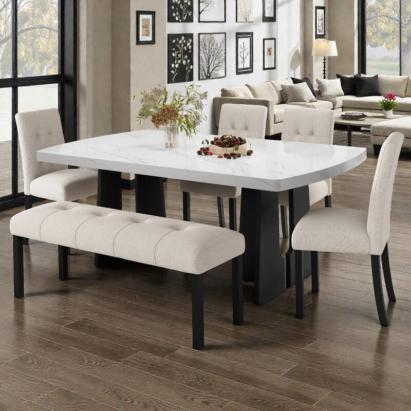 6-Piece Modern Dining Set with 63" Faux Marble Table, Geometric Legs, 4 Upholstered Chairs & Bench for Kitchen Dining Room
