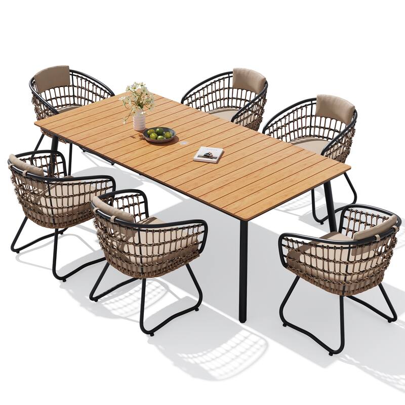 7-Piece Outdoor Patio Dining Set Wood-Like Table Top Alumium Umbrella Hole Table with PE Rattan Chairs