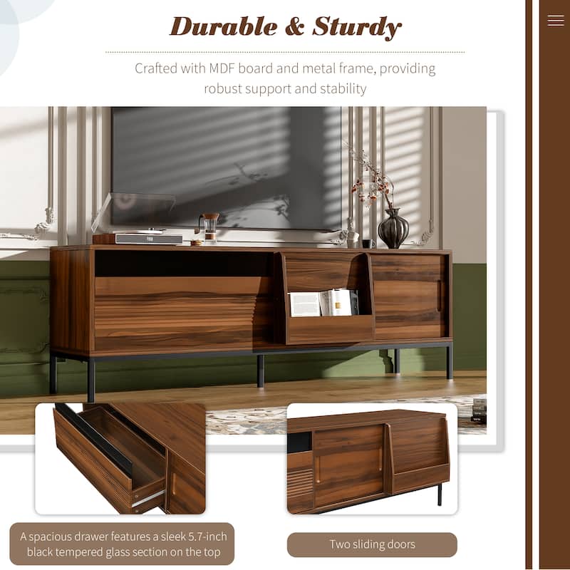 70.8'' Mid Century Modern TV Stand for 75'' TVs, Walnut Media Console with Sliding Doors, Drawer, Adjustable Shelves