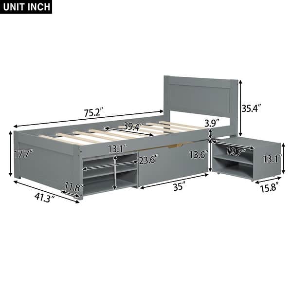 dimension image slide 1 of 4, Twin/Full Size Platform Bed,Wooden Storage Bed Frame,Nosie Free