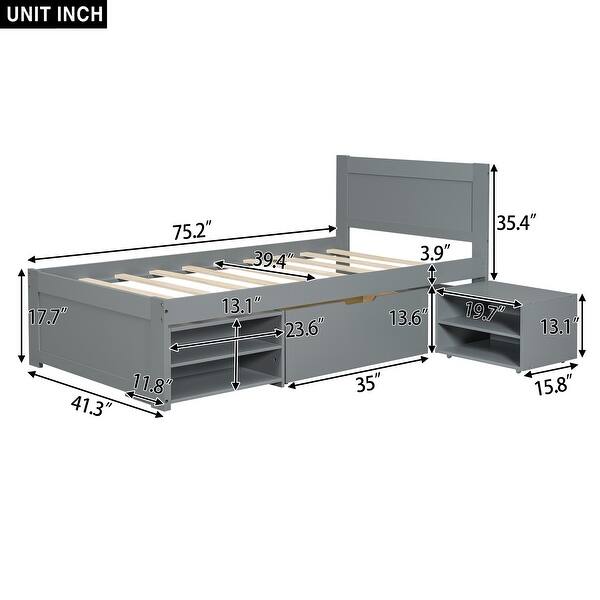 dimension image slide 0 of 2, Twin Size Wooden Platform Bed Frame with one Storage Rack on Wheels, one Drawer & Two Shelves for Boys Girls, Noise-Free