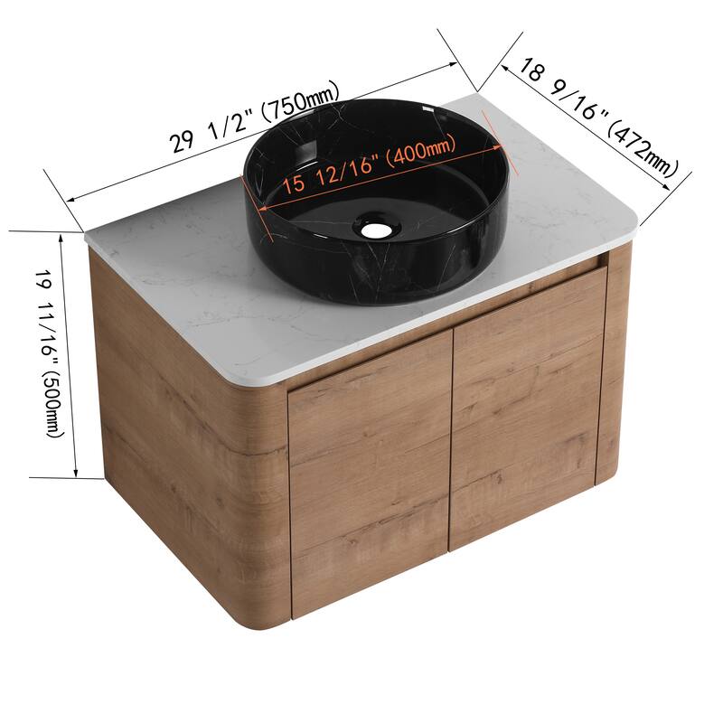 30'' Wall-Mounted Bathroom Vanity With Ceramic Art Sink & 2-Soft-Close Door, KD-Packing, Plywood