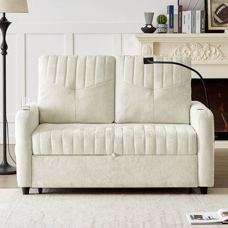 Chenille Loveseat Convertible Pull-out Sleeper Sofa Bed, Tufted Couch w2 Cup Holders Phone Holder & 3 USB Ports, Pockets