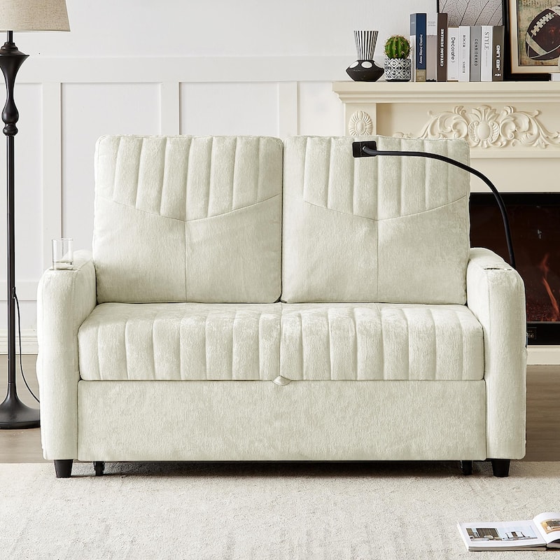Multi-Functional Sleeper Sofa Pull-Out Loveseat with USB Charging, Sofa Bed with Adjustable Backrest and Storage Pockets - Beige