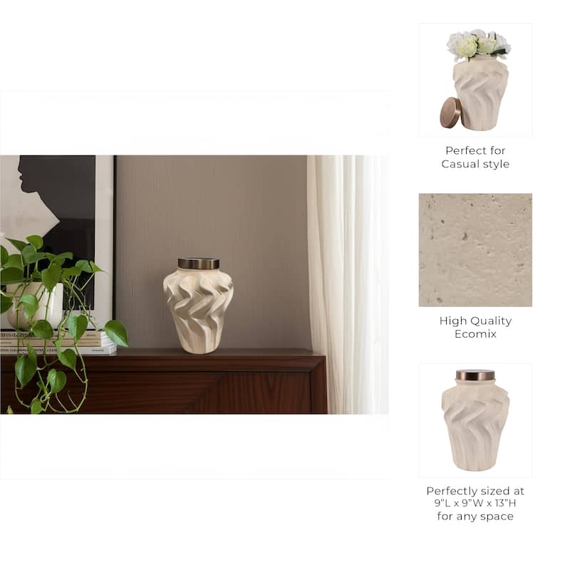 Pottery Jar Wavy Sculpted Tall with Metallic Lid Decorative Accent