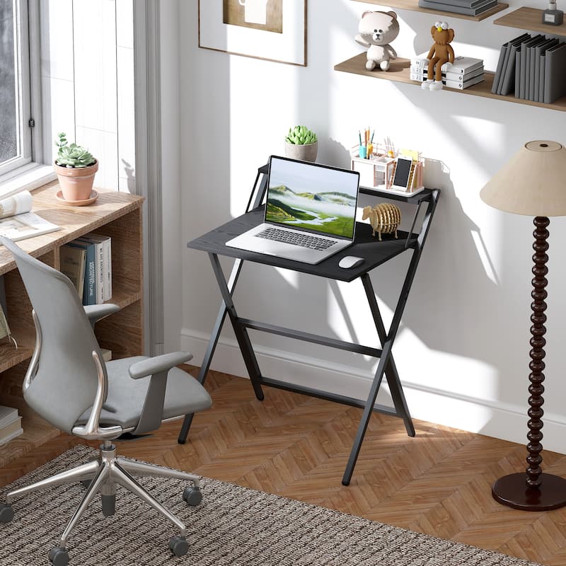Folding Desk with Monitor Shelf Compact Space Saving Workstation for Home Office
