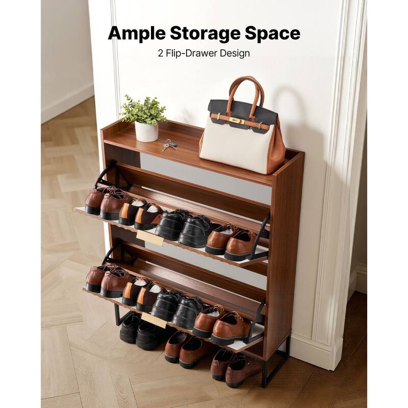 Walnut Shoe Storage Cabinet with 2 Flip Drawers and Adjustable Shelves for Hallway or Entryway - 31.5 x 9.45 x 39.37 in