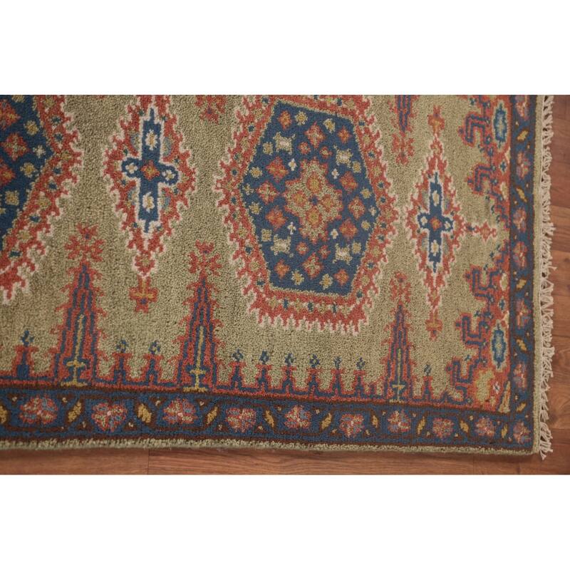 Green Geometric Kazak Oriental Runner Rug Wool Carpet - 2'6"x 9'9"